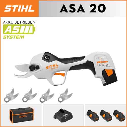 STIHL ASA20*1, lítium akkumulátor*3, tárolódoboz*1, vágófej*5, töltő*1